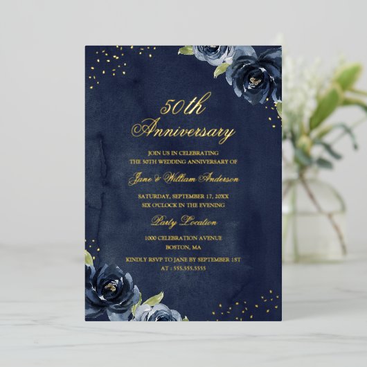 Einladung der GOLD FOIL Navy Gold Floral Jubiläum (Stehend vorne)