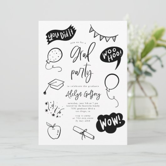 Einladung der handgezogenen Quirky-Graduiertenpart (Stehend Vorderseite)