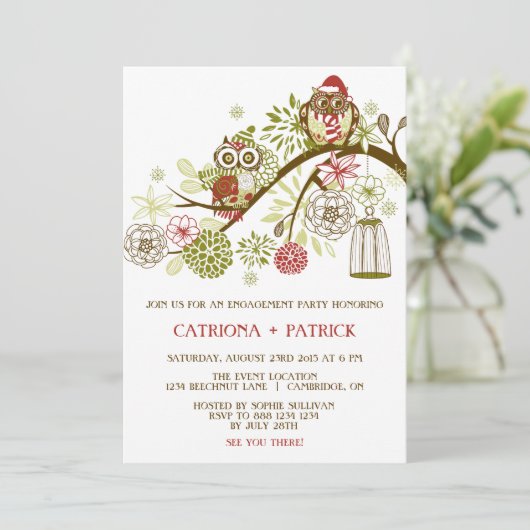 Einladung der "Holiday Owls Floral Engagement Part (Stehend Vorderseite)