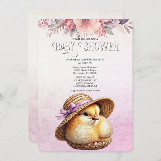 Einladung der kleinen kichen Pink Ribbon Babydusch (Vorne/Hinten)