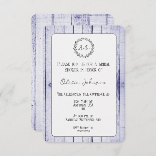 Einladung der Lavendel-Rustic Monogram-Bridal-Dusc (Vorne/Hinten)