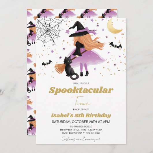 Einladung der lila Hexe zu Geburtstag (Vorne/Hinten)