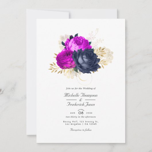 Einladung der Magenta Navy und Gold Floral Wedding (Vorderseite)