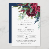 Einladung der Marine Burgundy Floral Wedding (Vorne/Hinten)