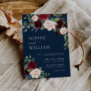 Einladung der Marine Burgundy Floral Wedding