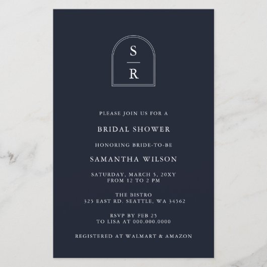 Einladung der Marine Monogram Bridal Shower (Vorderseite)