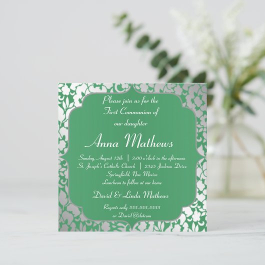 Einladung der Metallic Emerald Green First Communi (Stehend Vorderseite)