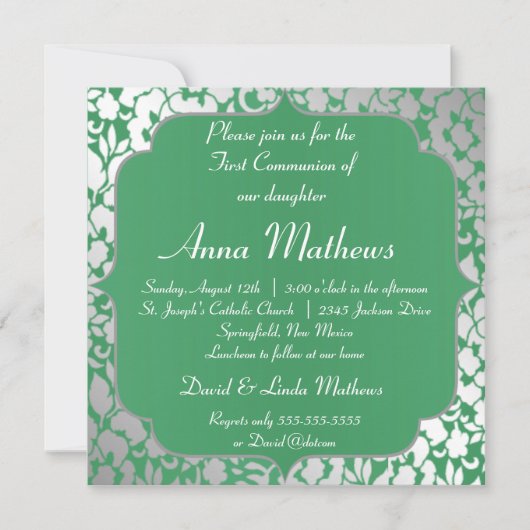 Einladung der Metallic Emerald Green First Communi (Vorderseite)