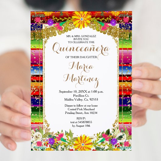 Einladung der mexikanischen Gold Floral Quinceñera