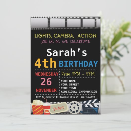 EINLADUNG DER MOVIE BIRTHDAY (Stehend Vorderseite)