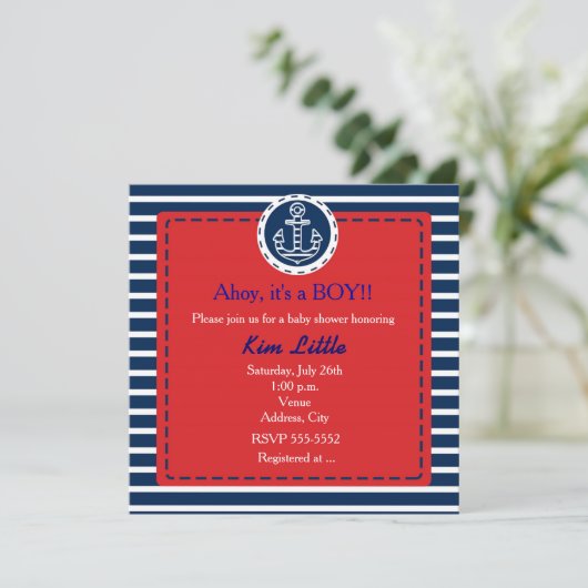 Einladung der Nautic Navy Anchor Red Baby Shower (Stehend Vorderseite)