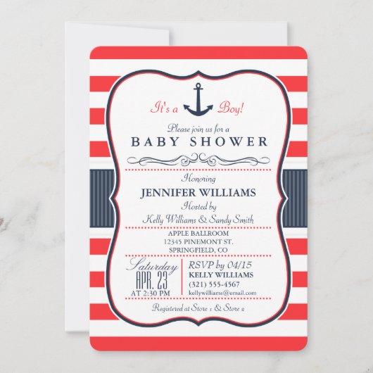 Einladung der Nautic Navy Blue and Red Baby Shower (Vorderseite)