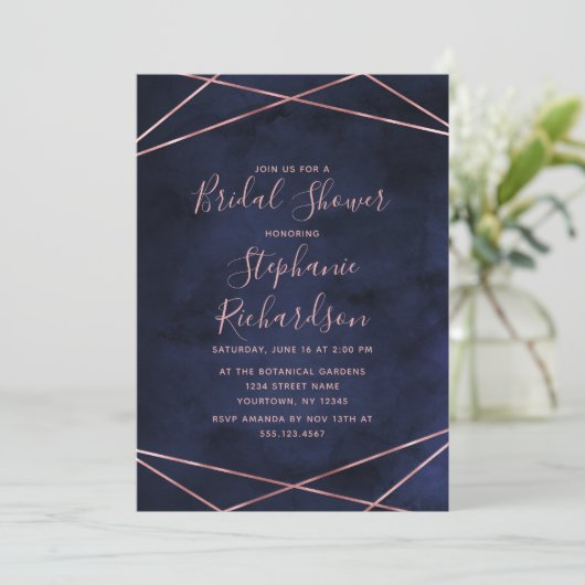 Einladung der Navy Blue & Rose Gold Bridal Dusche (Stehend Vorderseite)