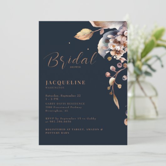 Einladung der Navy Fall Foliage Bridal Dusche (Stehend Vorderseite)