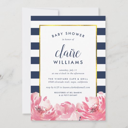 Einladung der Navy Stripe & Pink Peony Baby Dusche (Vorderseite)