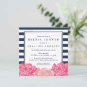 Einladung der Navy Stripe & Pink Peony Bridal Dusc (Stehend Vorderseite)