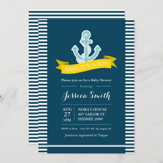 Einladung der Navy und der Gelben Babydusche (Vorne/Hinten)