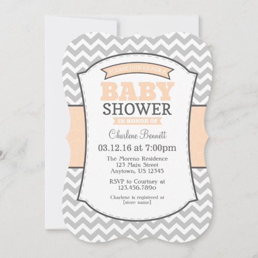 Einladung der Peach Gray Zickzack Baby Dusche (Vorderseite)