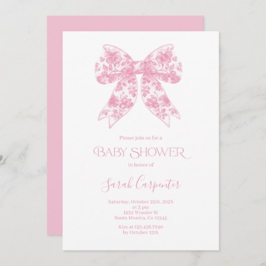 Einladung der Pink Bow Toile Baby Shower Girl (Vorne/Hinten)