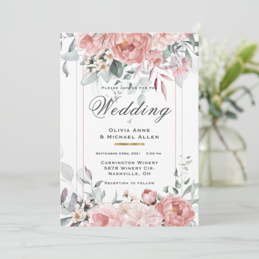 Einladung der Pink Watercolor Peony Wedding (Stehend Vorderseite)