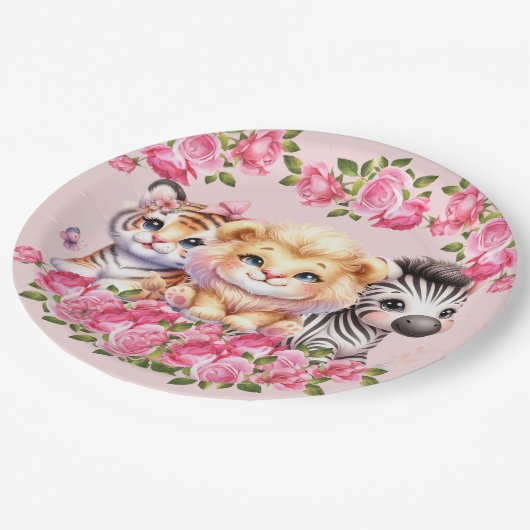 Einladung der Pink WIld Animal Girl's Baby Shower Pappteller (Schrägansicht)