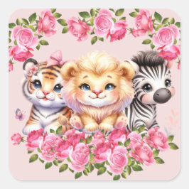 Einladung der Pink WIld Animal Girl's Baby Shower Quadratischer Aufkleber