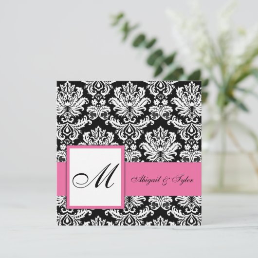 Einladung der rosa Wedding Monogram Damask (Stehend Vorderseite)