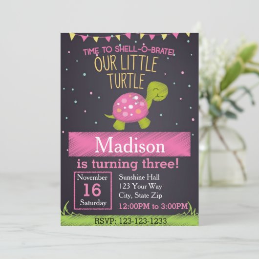 Einladung der Schildkröte zum Geburtstag (pink) (Stehend Vorderseite)