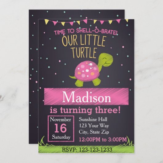 Einladung der Schildkröte zum Geburtstag (pink) (Vorne/Hinten)
