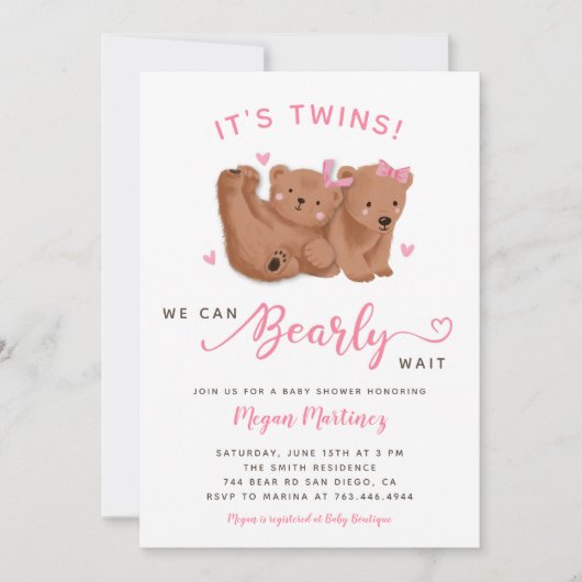 Einladung der Twin Girls Cub Bear Baby Shower (Vorderseite)