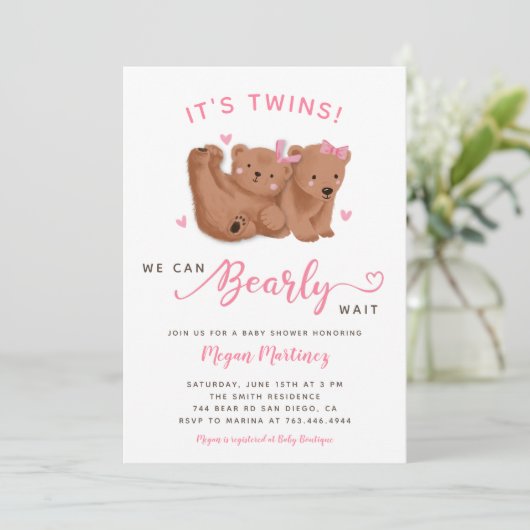Einladung der Twin Girls Cub Bear Baby Shower (Stehend Vorderseite)
