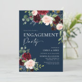 Einladung der Verlobung Navy Floral Burgundy Blush (Stehend Vorderseite)