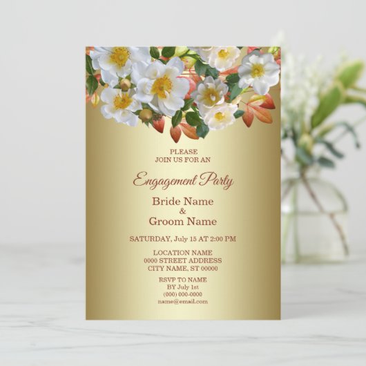 Einladung der Verlobung White Roses Blumengold (Stehend Vorderseite)