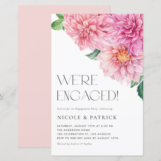 Einladung der Watercolor Pink Dahlia Engagement Pa (Vorne/Hinten)