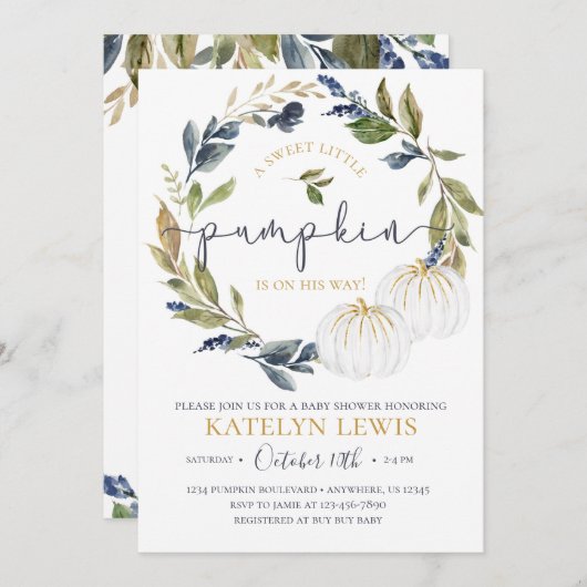 Einladung der weißen und Navy Pumpkin Baby Dusche (Vorne/Hinten)