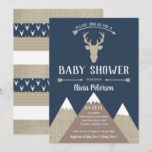 Einladung der Woodland Deer Baby Dusche, Burlap (Vorne/Hinten)