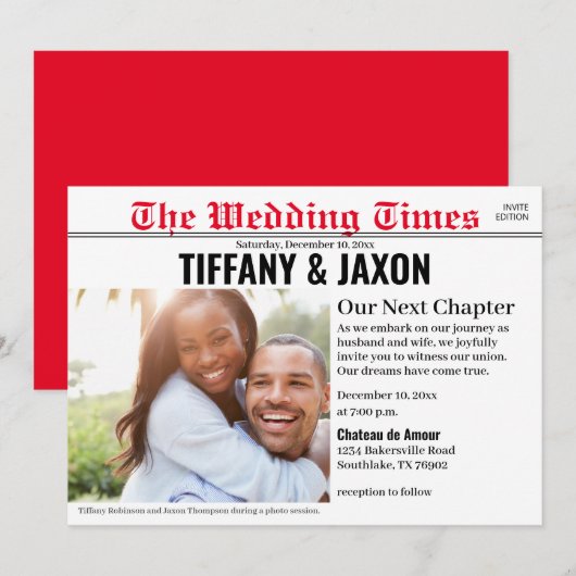 Einladung der Zeitung Horizontal Red Wedding (Vorne/Hinten)