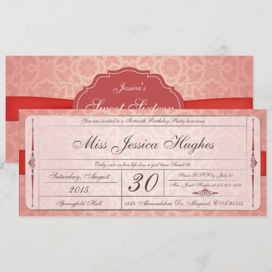 Einladung des 16 . Geburtstag Damask-Tickets (Vorne/Hinten)