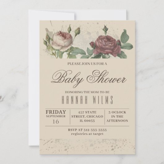 Einladung des Burgundy Blush Floral Gold Baby Dusc (Vorderseite)