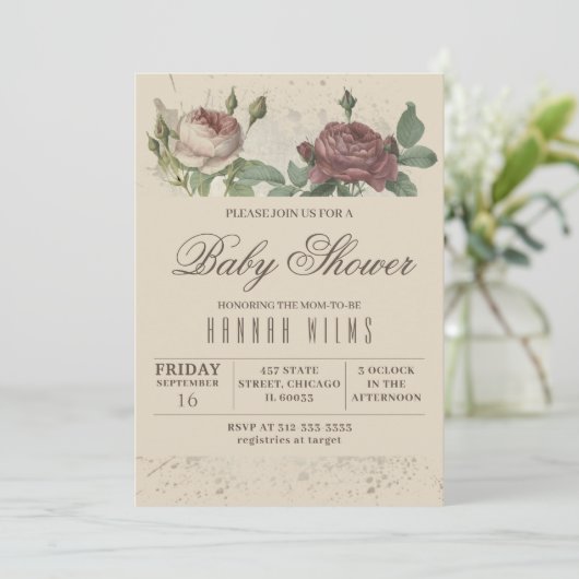 Einladung des Burgundy Blush Floral Gold Baby Dusc (Stehend Vorderseite)