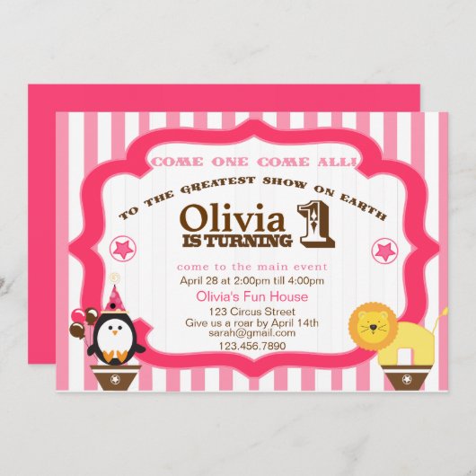 Einladung des Girly 1st Birthday Circus (Vorne/Hinten)