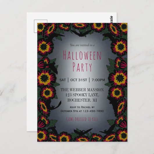 Einladung des Goth Halloween-Party mit Blume und F Postkarte (Vorne/Hinten)