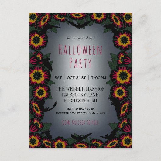 Einladung des Goth Halloween-Party mit Blume und F Postkarte (Vorderseite)