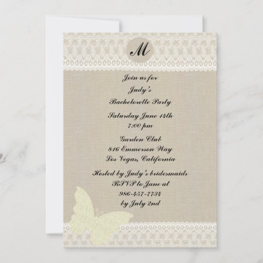 Einladung des Junggeselinnen-Abschieds Burlap und (Vorderseite)