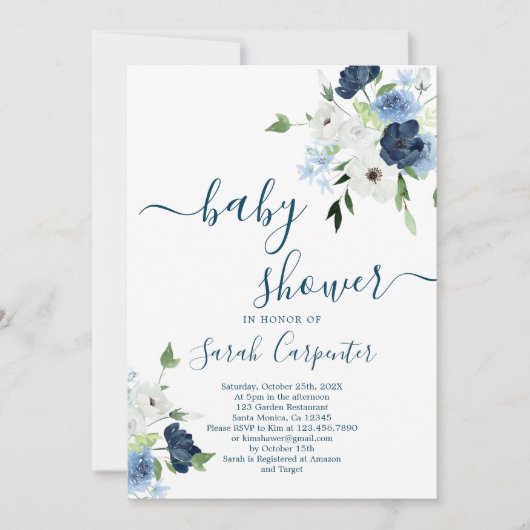 Einladung des Navy Blue Floral Baby Shower Boy (Vorderseite)