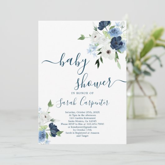 Einladung des Navy Blue Floral Baby Shower Boy (Stehend Vorderseite)