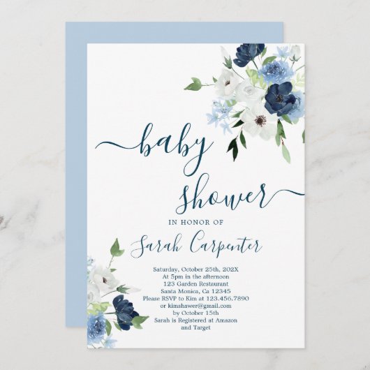 Einladung des Navy Blue Floral Baby Shower Boy (Vorne/Hinten)