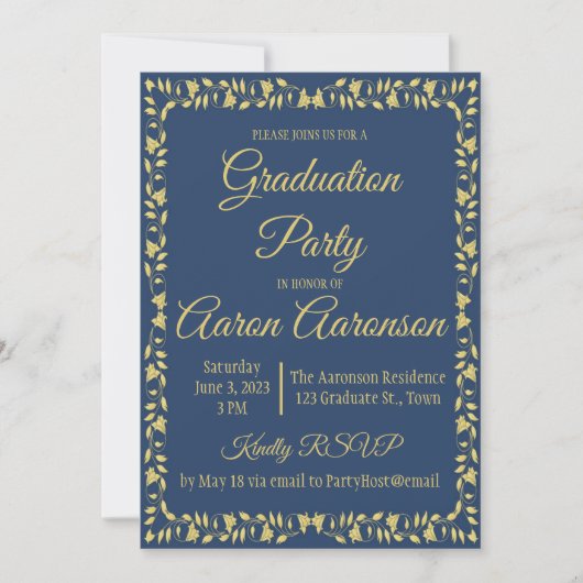 Einladung des Navy & Gold Ivy Border Abschluss Fot (Vorderseite)