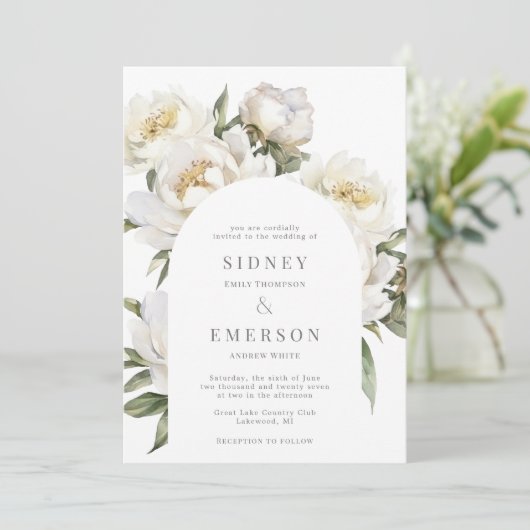 Einladung des White Peony Floral Wedding Arch (Stehend Vorderseite)