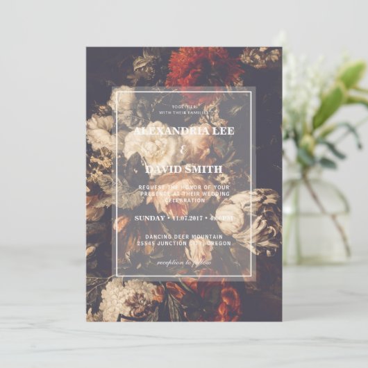 Einladung dunkle Moody Herbst florale Hochzeit (Stehend Vorderseite)